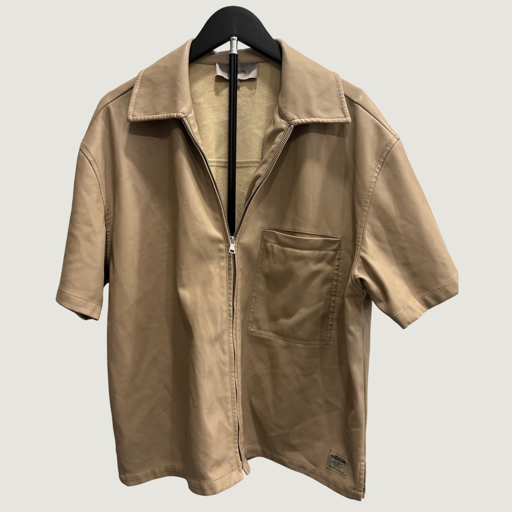 Hudson Jeans Sandy Collection Tan Faux Leather Short Sleeve Zip Up Shirt Mens M